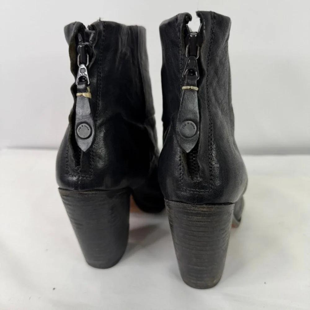 Rag & Bone Newbury Black Leather Ankle Boots Round Toe Stacked Block Heel‎ US 7